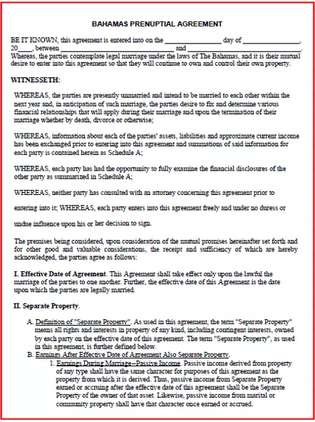 Bahamas Prenuptial Agreement template pdf word