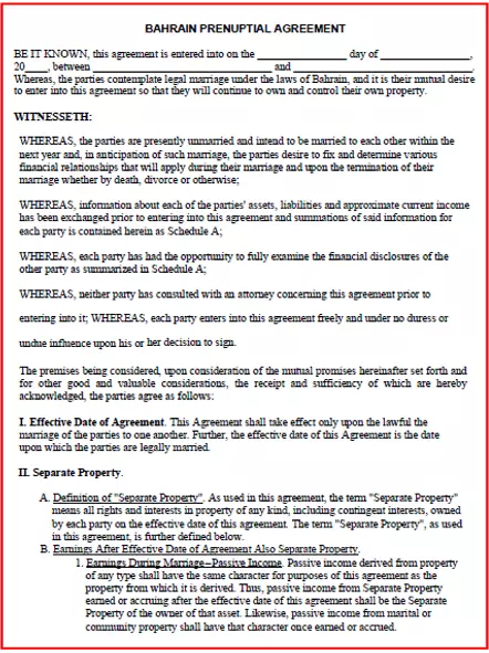 Bahrain Prenuptial Agreement template pdf word