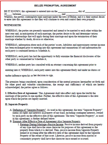 Belize Prenuptial Agreement template pdf word