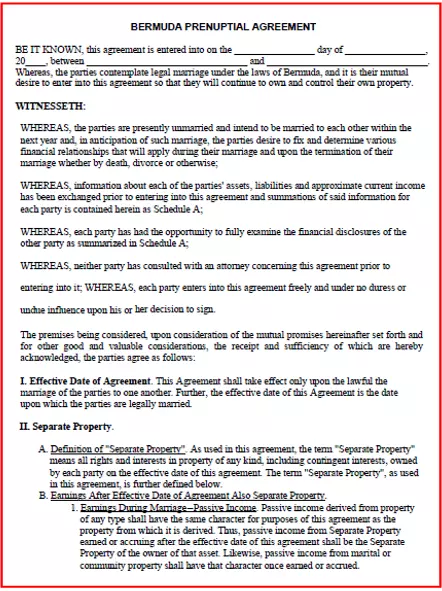 Bermuda Prenuptial Agreement template pdf word
