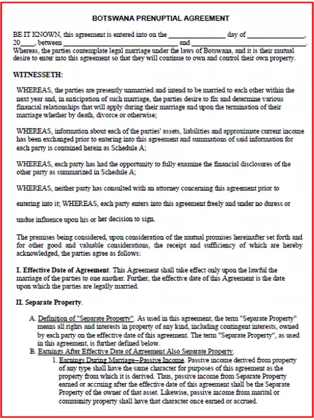 Botswana Prenuptial Agreement template pdf word
