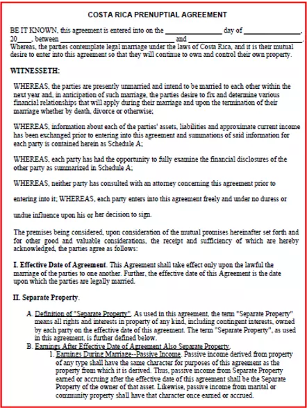 Costa Rica Prenuptial Agreement template pdf word