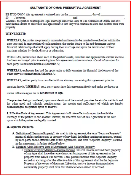 Oman Prenuptial Agreement template pdf word