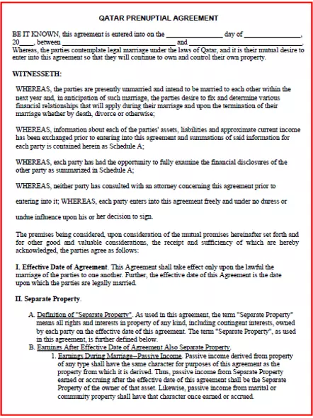 Qatar Prenuptial Agreement template pdf word
