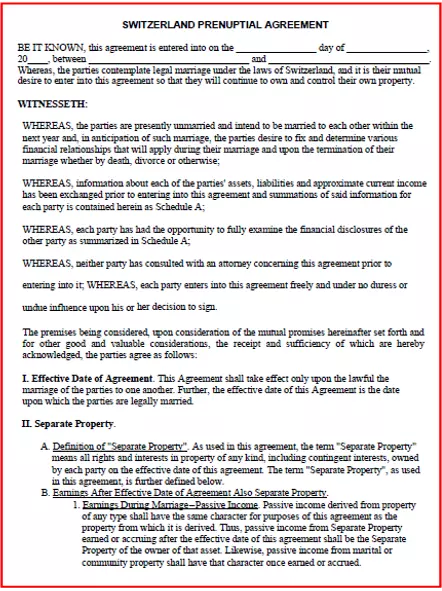 Switzerland Prenuptial Agreement template pdf word