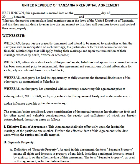 Tanzania Prenuptial Agreement template pdf word