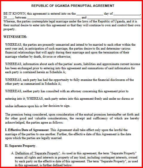 Uganda Prenuptial Agreement template pdf word