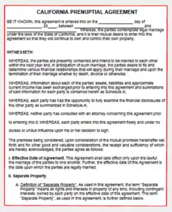 California Prenuptial Agreement form template pdf