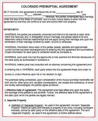 Colorado Prenuptial Agreement form template pdf