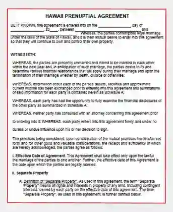 Hawaii Prenuptial Agreement form template pdf