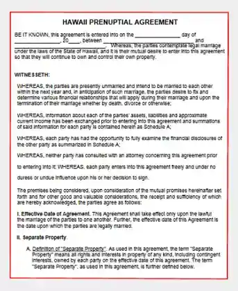 Hawaii Prenuptial Agreement form template pdf