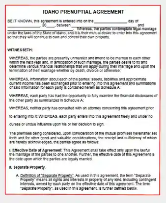 Idaho Prenuptial Agreement form template pdf