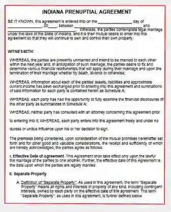 Indiana Prenuptial Agreement Template Form PDF Word