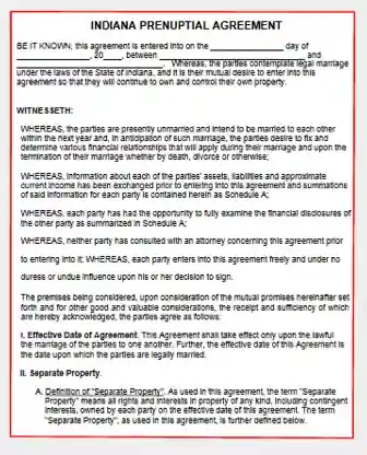 Indiana Prenuptial Agreement Template Form PDF Word