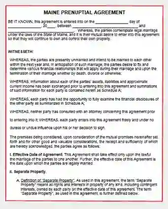 Maine Prenuptial Agreement form template pdf
