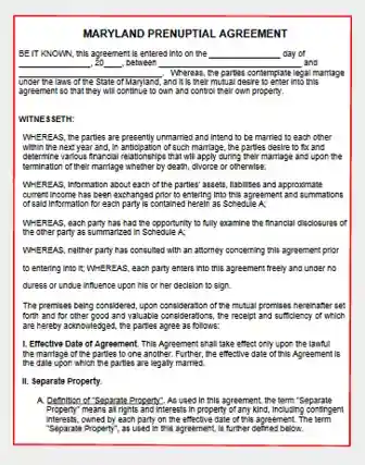 Maryland Prenuptial Agreement form template pdf