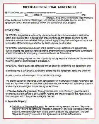 Michigan Prenuptial Agreement form template pdf