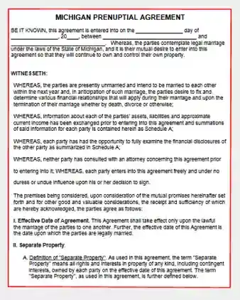 Michigan Prenuptial Agreement Template Form PDF Word