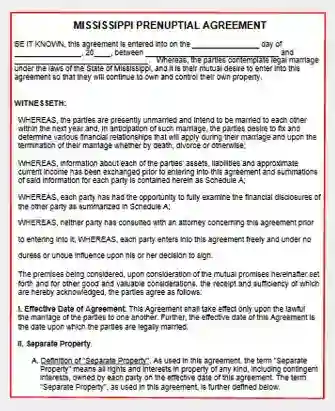 Mississippi Prenuptial Agreement form template pdf