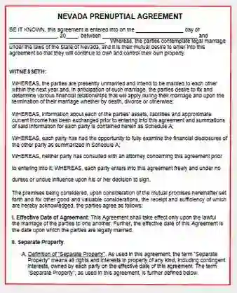 Nevada Prenuptial Agreement form template pdf