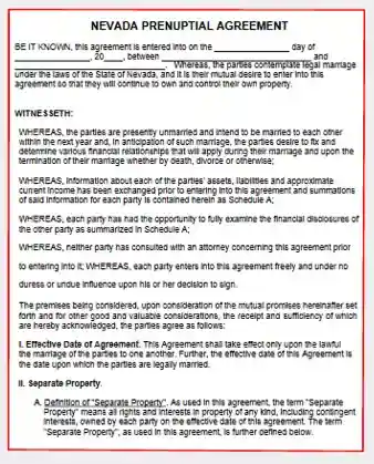 Nevada Prenuptial Agreement form template pdf