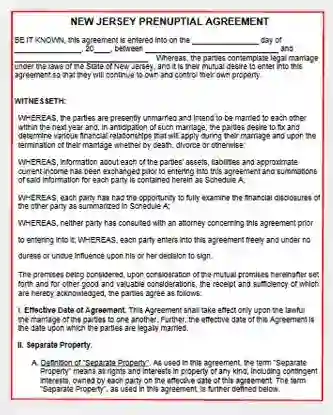 New Jersey Prenuptial Agreement form template pdf