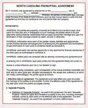 North Carolina Prenuptial Agreement form template pdf