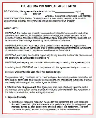 Oklahoma Prenuptial Agreement form template pdf