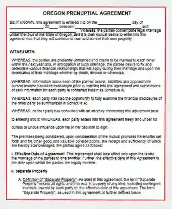 Oregon Prenuptial Agreement form template pdf