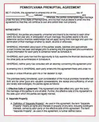 Pennsylvania Prenuptial Agreement Template Form PDF Word