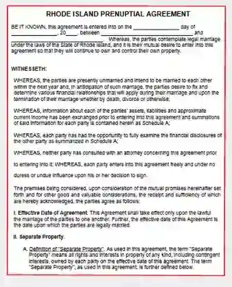 Rhode Island Prenuptial Agreement Template Form PDF Word