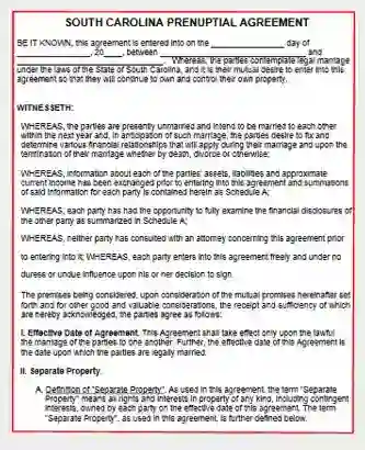 South Carolina Prenuptial Agreement template pdf word