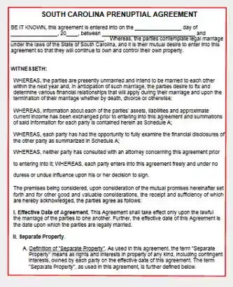 South Carolina Prenuptial Agreement Template Form PDF Word