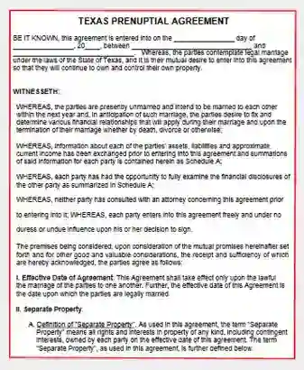Texas Prenuptial Agreement form template pdf