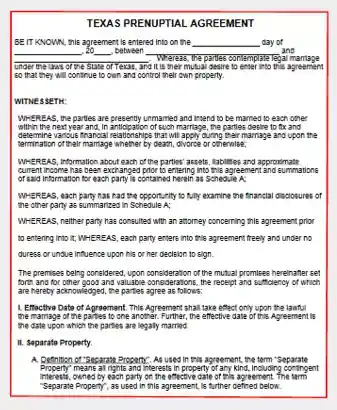 Texas Prenuptial Agreement form template pdf