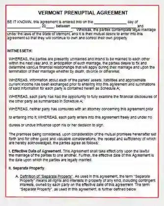 Vermont Prenuptial Agreement form template pdf