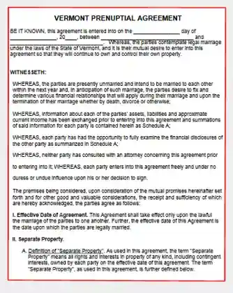 Vermont Prenuptial Agreement form template pdf