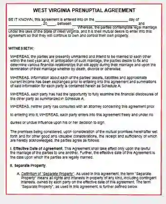 West Virginia Prenuptial Agreement form template pdf