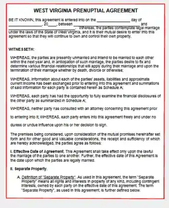 West Virginia Prenuptial Agreement Template Form PDF Word