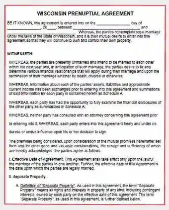 Wisconsin Prenuptial Agreement Template Form PDF Word