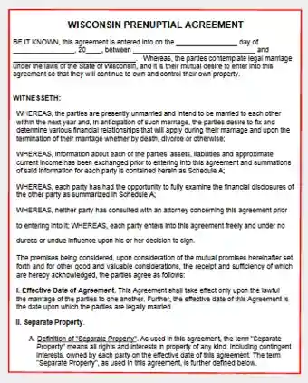 Wisconsin Prenuptial Agreement Template Form PDF Word